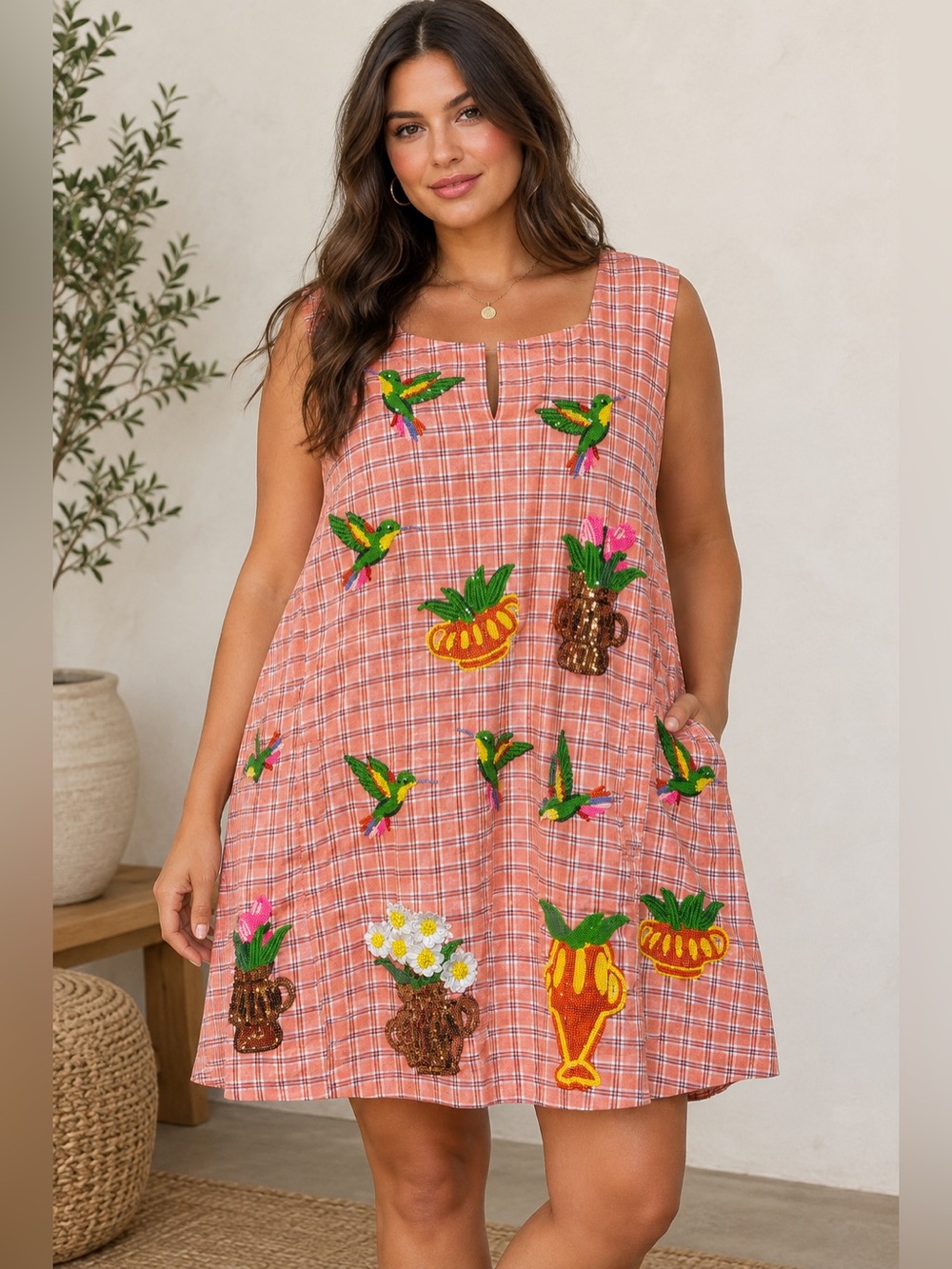 QUEEN OF SPARKLES Peach Plaid Mini Dress with Tropical Embroidery hummingbird